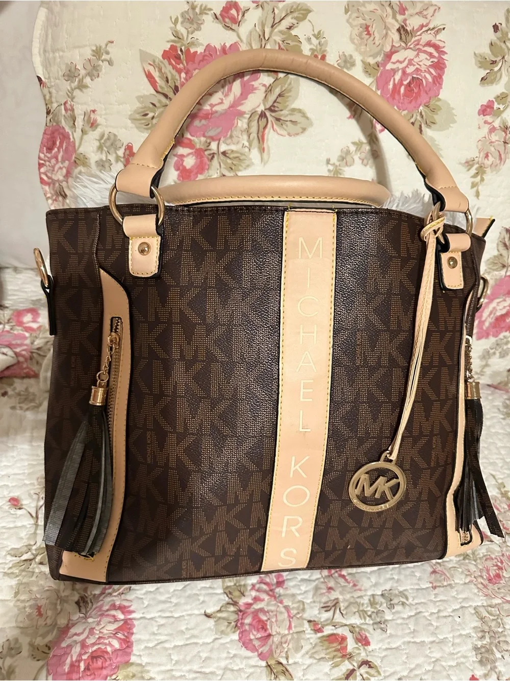 Michael Kors Brown & Tan MK Signature Tote with Tassel Charm